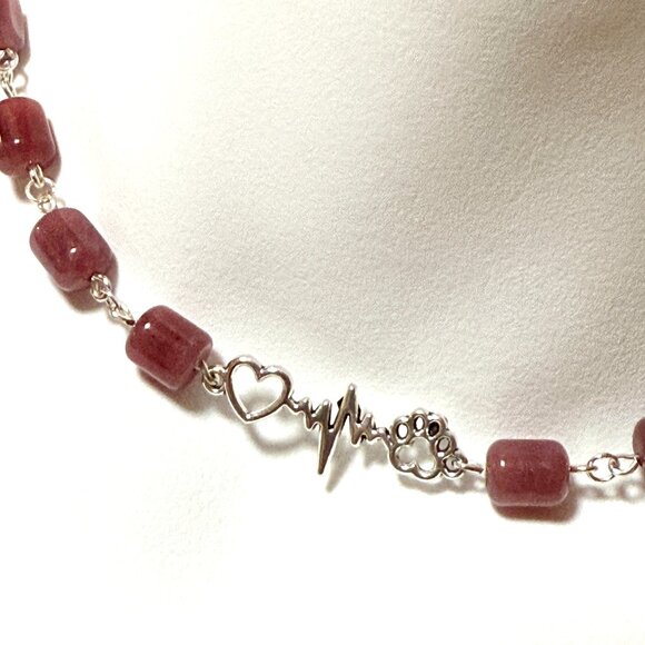 Genuine Magenta Chalcedony Short Necklace, Gemstone & Paw Print Heart Beat Charm - Picture 1 of 14